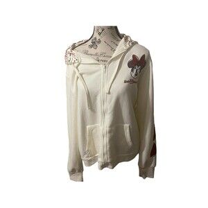 Disney Women Sweatshirt Size Large White Fleece Hoodie Minnie Mouse Embroidered